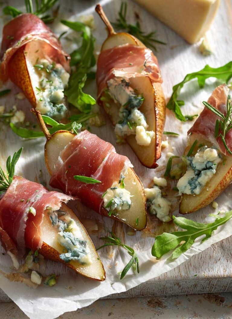 cold-appetizer-no-bake-slice-of-a-Pear-And-Blue-Cheese-wrapped-with-prosciutto-3