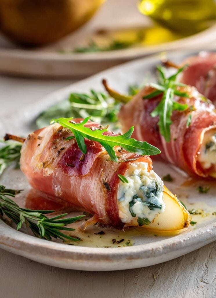 cold-appetizer-no-bake-slice-of-a-Pear-And-Blue-Cheese-wrapped-with-prosciutto-4