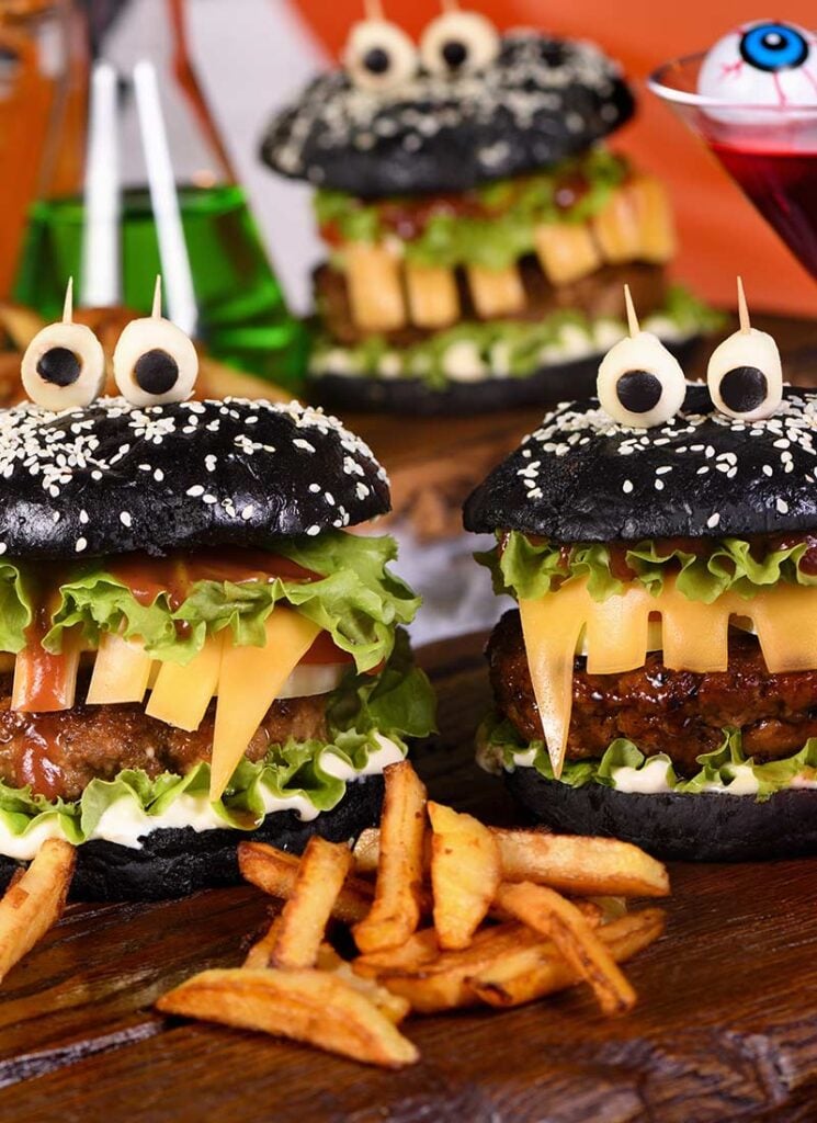 Halloween Monster Burgers with black buns