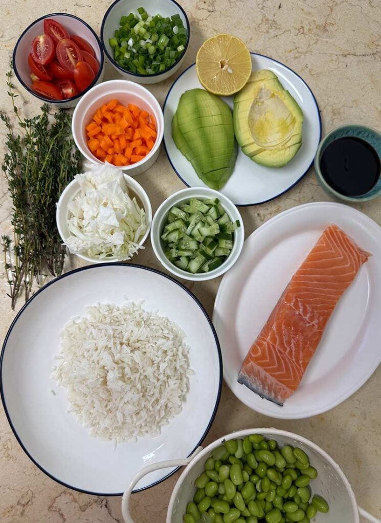 All the fresh ingredients you need for the best teriyaki salmon bowl.