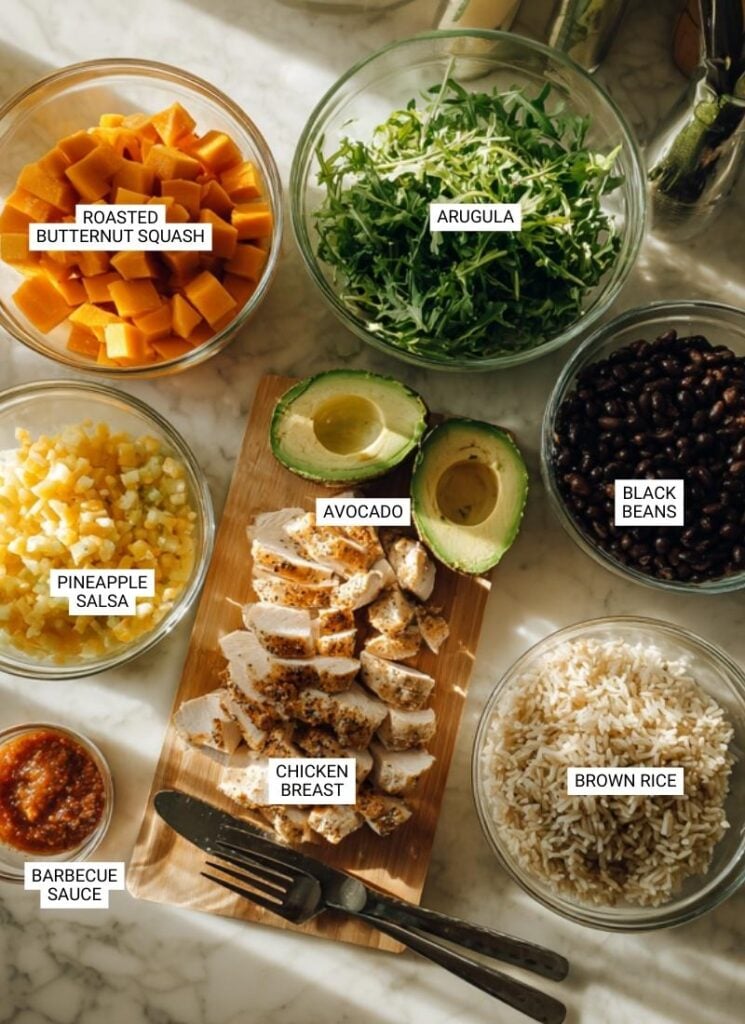 Everything you need for a homemade Hawaiian chicken bowl.