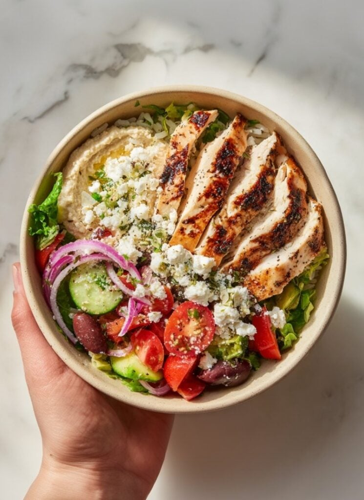 Colorful Mediterranean chicken bowl recipe perfect for meal prep or dinner.