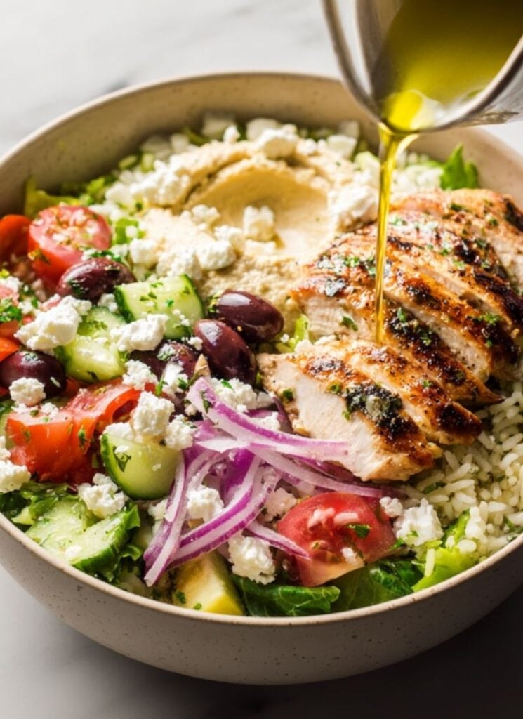 Homemade Mediterranean chicken bowl recipe that’s healthy, filling, and full of flavor.