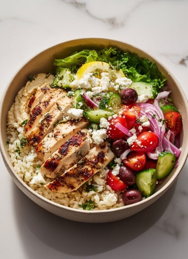 An easy Mediterranean chicken bowl recipe that comes together in under an hour.
