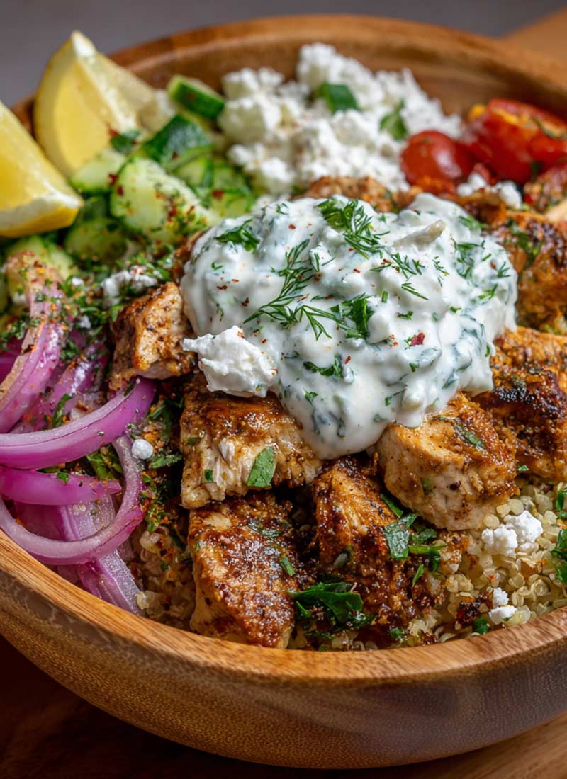 Greek chicken bowl with quinoa high in protein